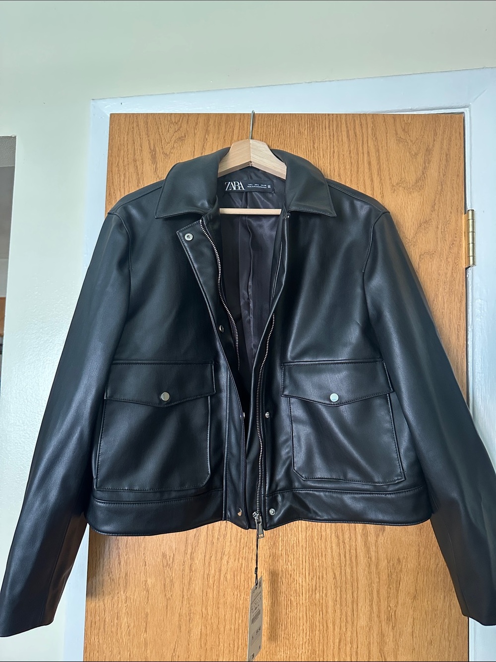Zara Black Faux Leather Bomber with Front Flap Pockets